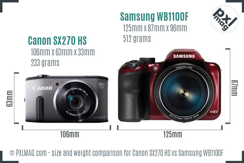 Canon SX270 HS vs Samsung WB1100F size comparison