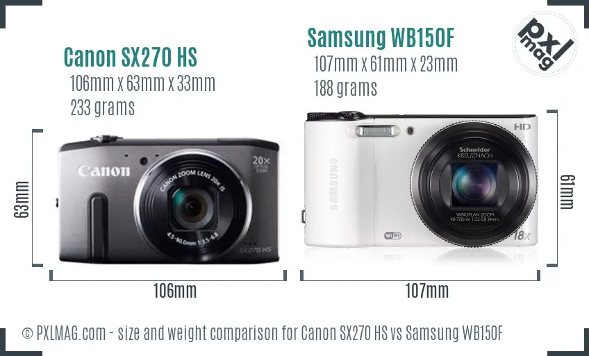 Canon SX270 HS vs Samsung WB150F size comparison