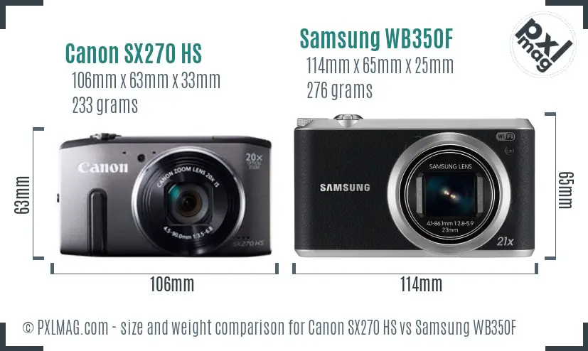 Canon SX270 HS vs Samsung WB350F size comparison