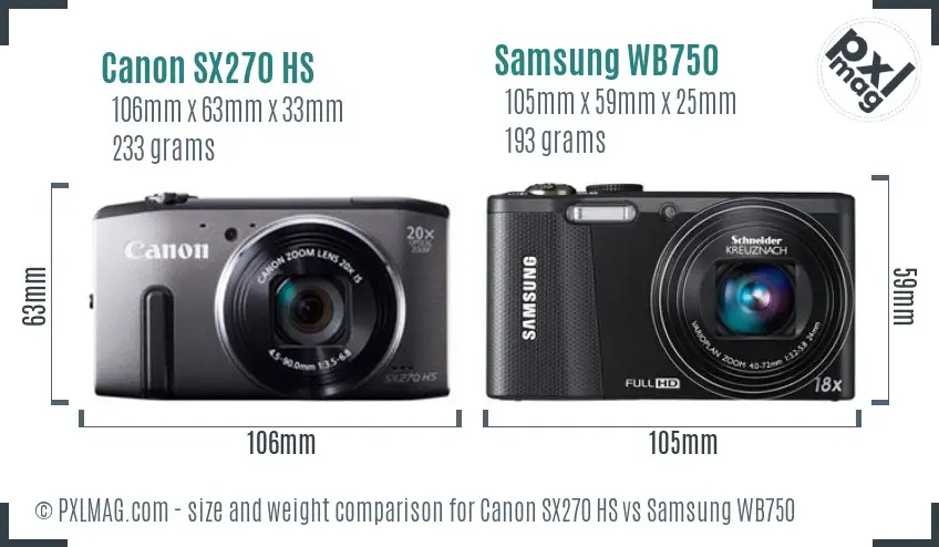 Canon SX270 HS vs Samsung WB750 size comparison