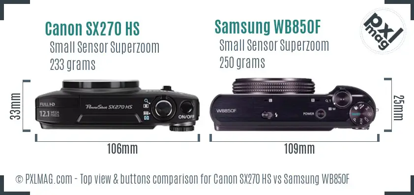 Canon SX270 HS vs Samsung WB850F top view buttons comparison Canon SX270 HS vs Samsung WB850F top view buttons comparison