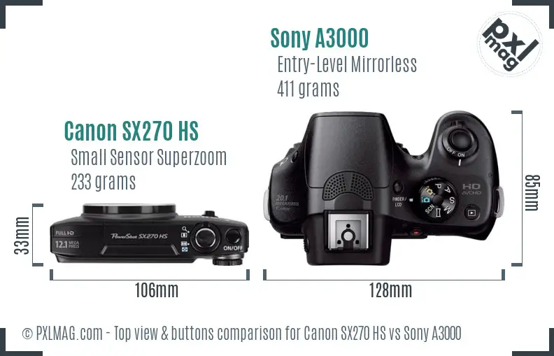 Canon SX270 HS vs Sony A3000 top view buttons comparison