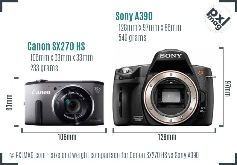 Canon SX270 HS vs Sony A390 size comparison