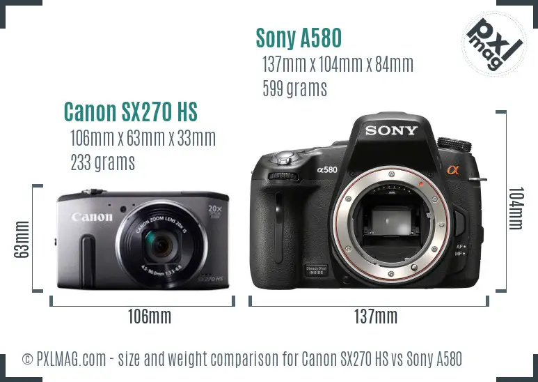 Canon SX270 HS vs Sony A580 size comparison