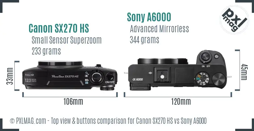 Canon SX270 HS vs Sony A6000 top view buttons comparison