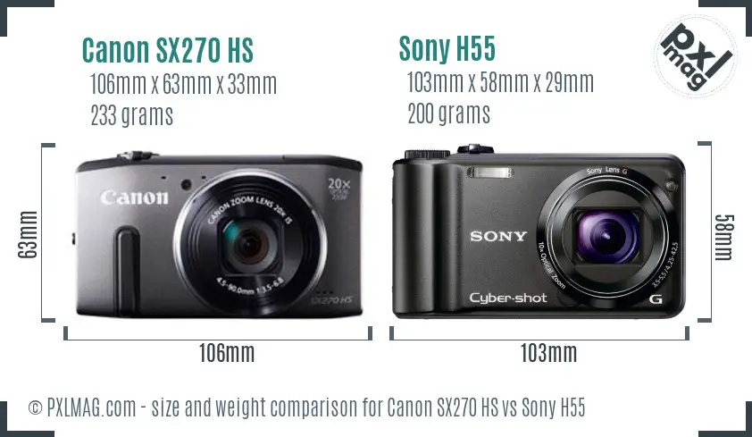 Canon SX270 HS vs Sony H55 size comparison