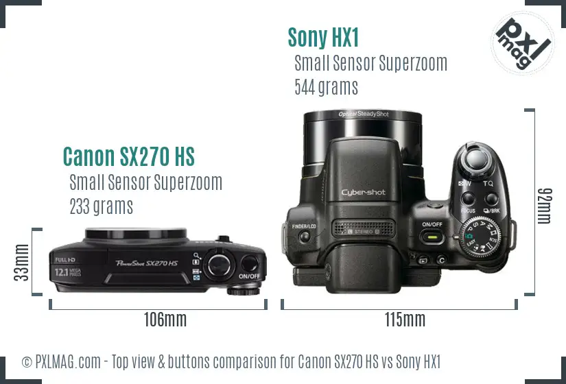 Canon SX270 HS vs Sony HX1 top view buttons comparison