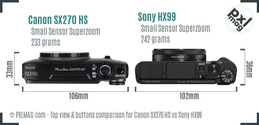 Canon SX270 HS vs Sony HX99 top view buttons comparison