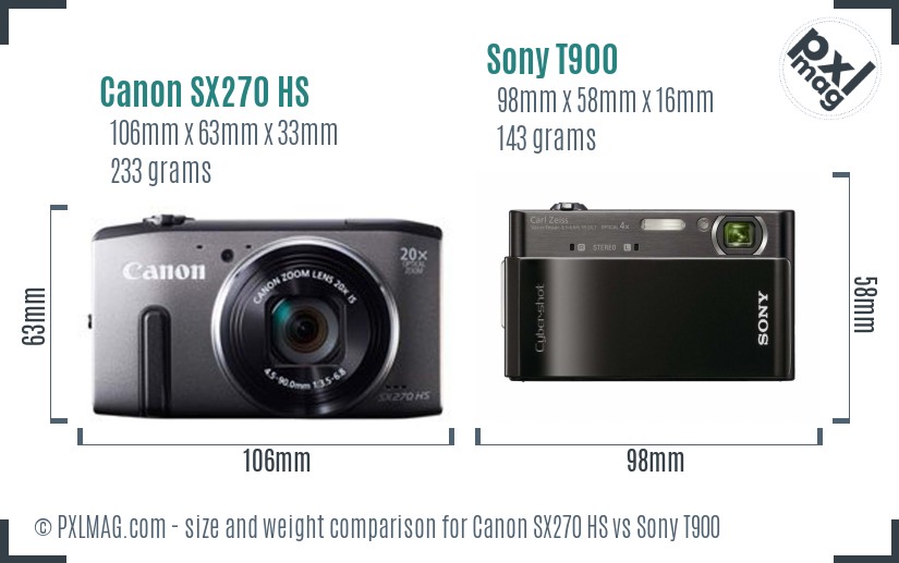 Canon SX270 HS vs Sony T900 size comparison