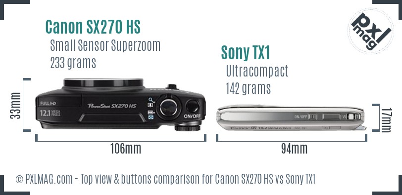 Canon SX270 HS vs Sony TX1 top view buttons comparison