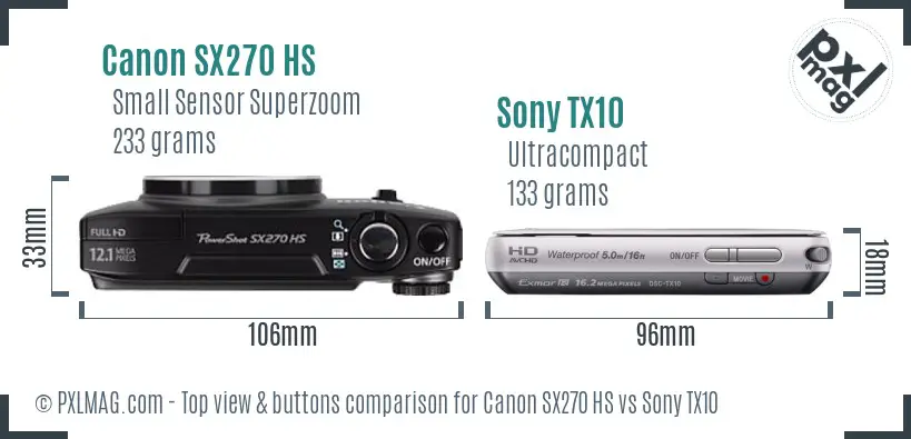 Canon SX270 HS vs Sony TX10 top view buttons comparison