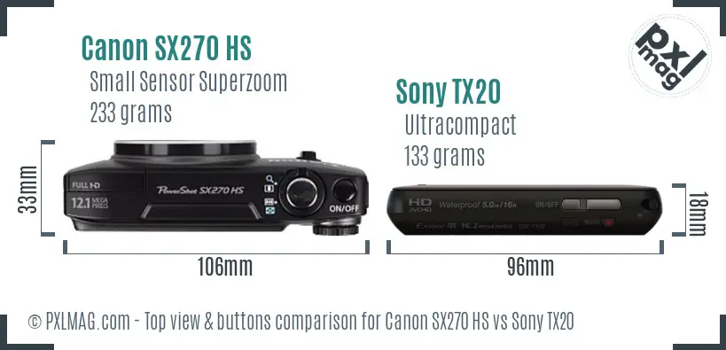 Canon SX270 HS vs Sony TX20 top view buttons comparison Canon SX270 HS vs Sony TX20 top view buttons comparison