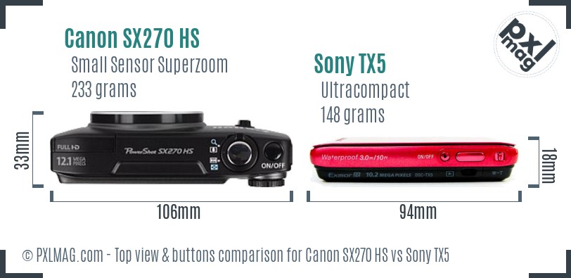 Canon SX270 HS vs Sony TX5 top view buttons comparison