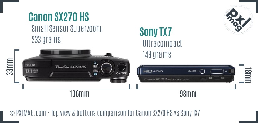 Canon SX270 HS vs Sony TX7 top view buttons comparison
