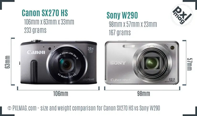 Canon SX270 HS vs Sony W290 size comparison