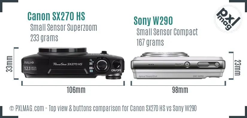 Canon SX270 HS vs Sony W290 top view buttons comparison