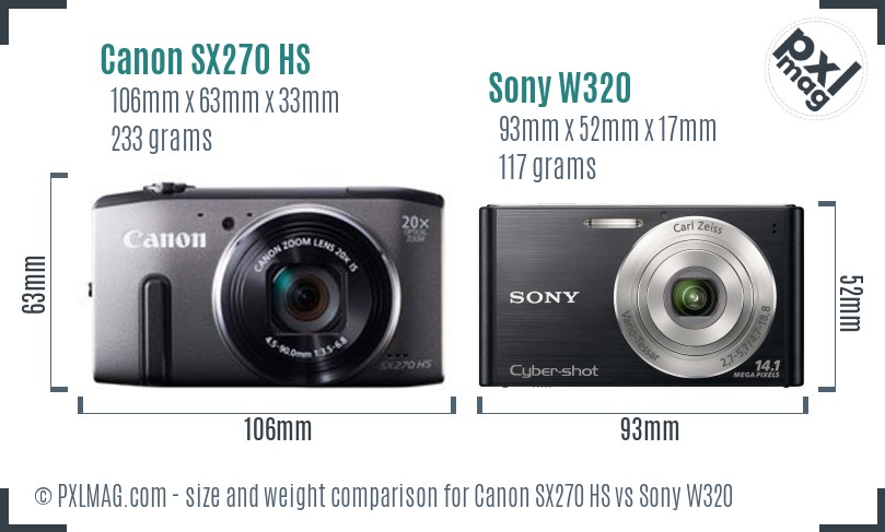 Canon SX270 HS vs Sony W320 size comparison