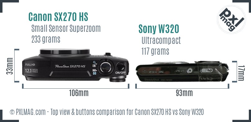 Canon SX270 HS vs Sony W320 top view buttons comparison