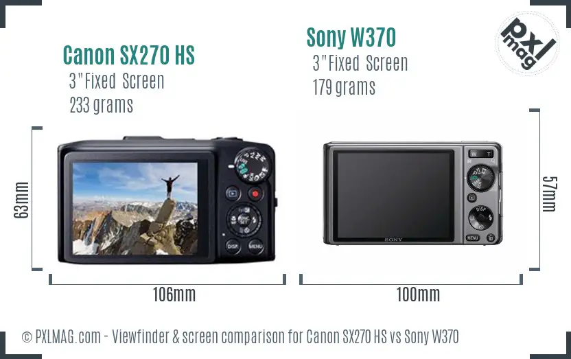 Canon SX270 HS vs Sony W370 Screen and Viewfinder comparison