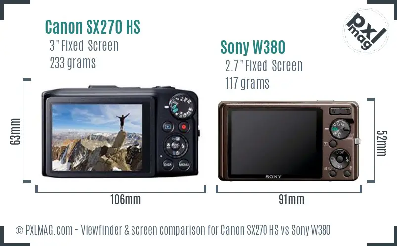 Canon SX270 HS vs Sony W380 Screen and Viewfinder comparison