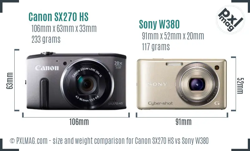 Canon SX270 HS vs Sony W380 size comparison