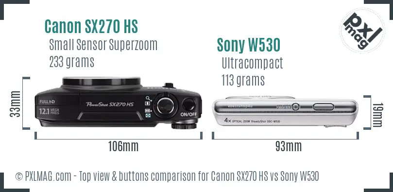 Canon SX270 HS vs Sony W530 top view buttons comparison