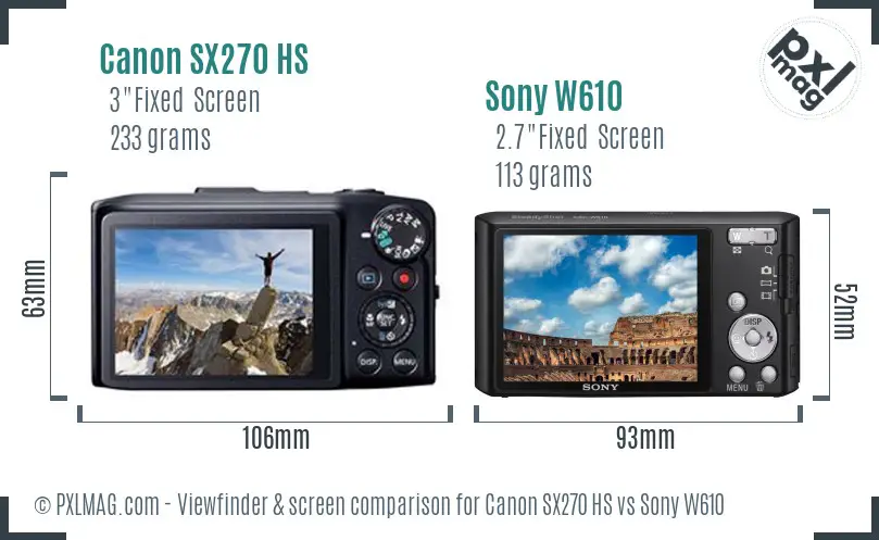 Canon SX270 HS vs Sony W610 Screen and Viewfinder comparison