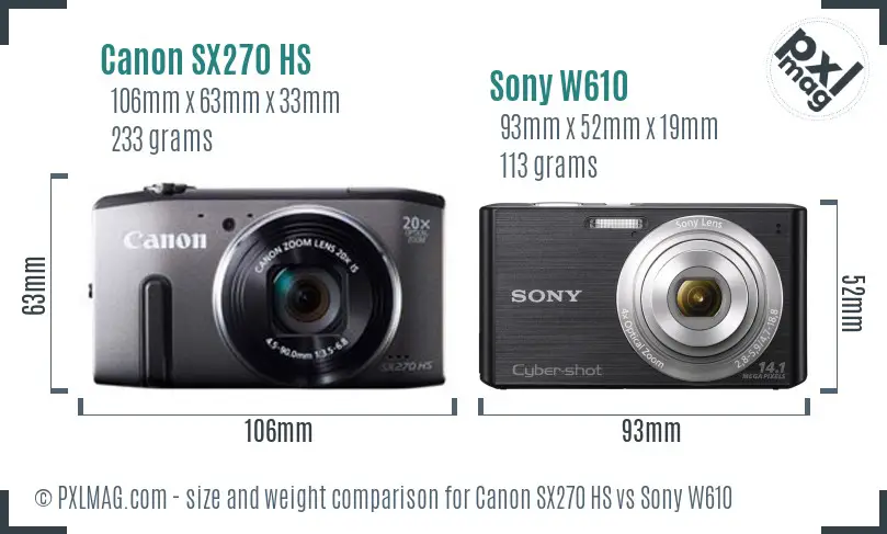 Canon SX270 HS vs Sony W610 size comparison