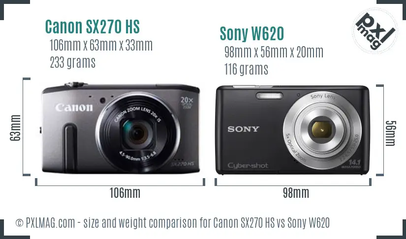 Canon SX270 HS vs Sony W620 size comparison