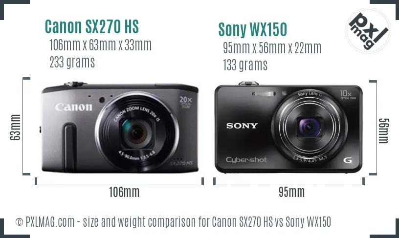 Canon SX270 HS vs Sony WX150 size comparison
