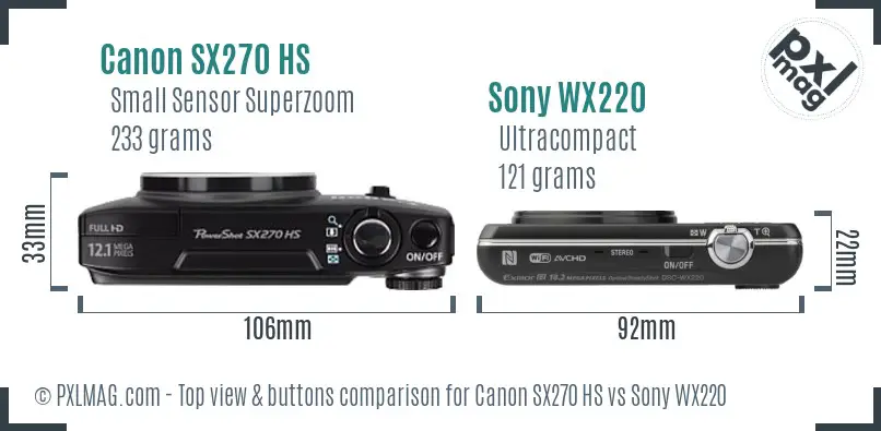 Canon SX270 HS vs Sony WX220 top view buttons comparison