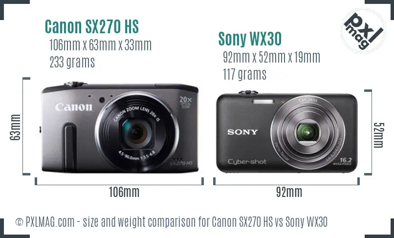 Canon SX270 HS vs Sony WX30 size comparison
