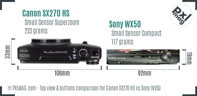 Canon SX270 HS vs Sony WX50 top view buttons comparison