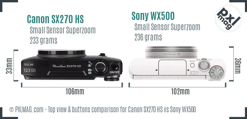 Canon SX270 HS vs Sony WX500 top view buttons comparison Canon SX270 HS vs Sony WX500 top view buttons comparison