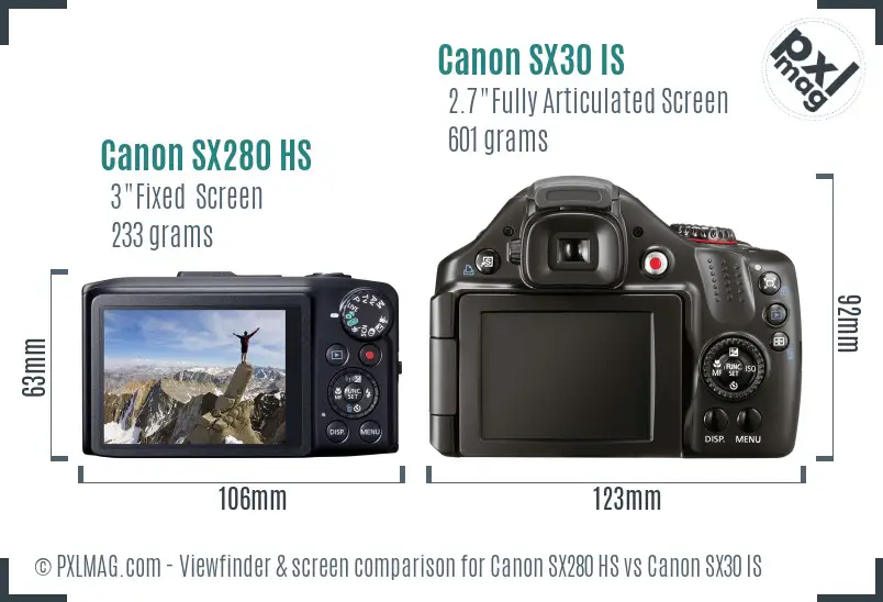 Canon SX280 HS vs Canon SX30 IS Screen and Viewfinder comparison