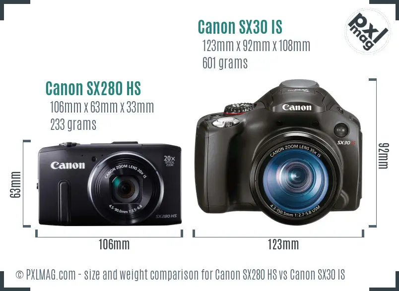 Canon SX280 HS vs Canon SX30 IS size comparison