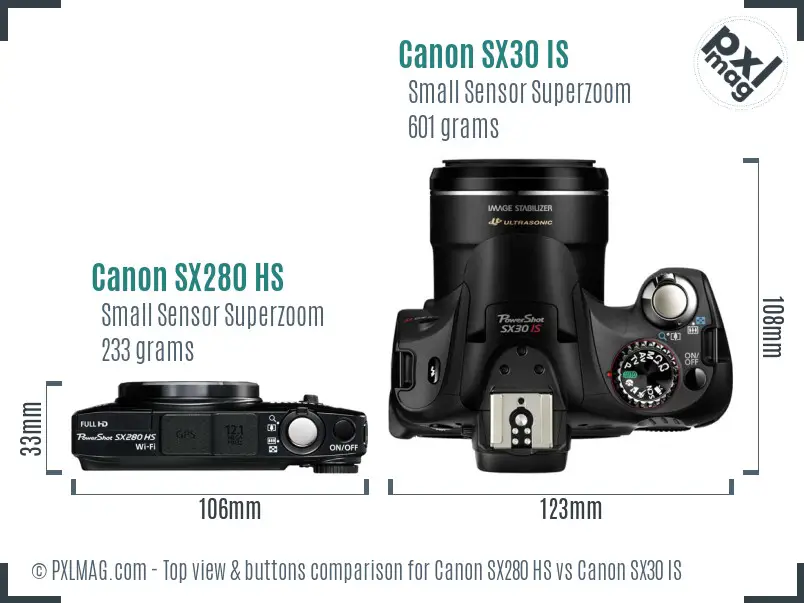 Canon SX280 HS vs Canon SX30 IS top view buttons comparison