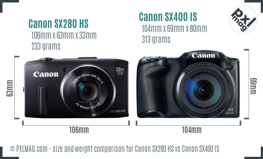 Canon SX280 HS vs Canon SX400 IS size comparison
