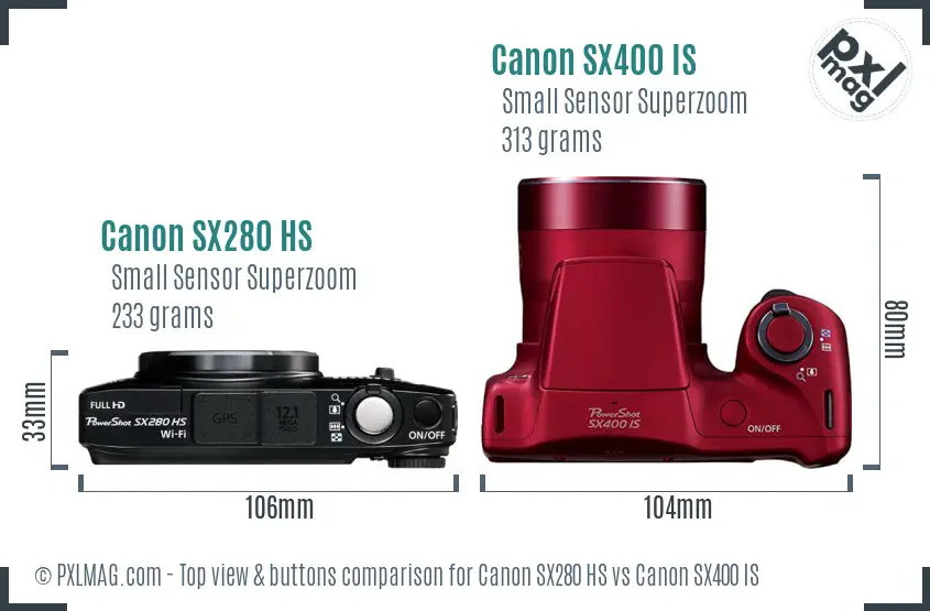 Canon SX280 HS vs Canon SX400 IS top view buttons comparison
