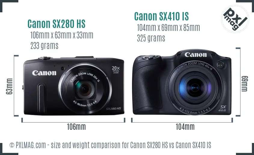 Canon SX280 HS vs Canon SX410 IS size comparison
