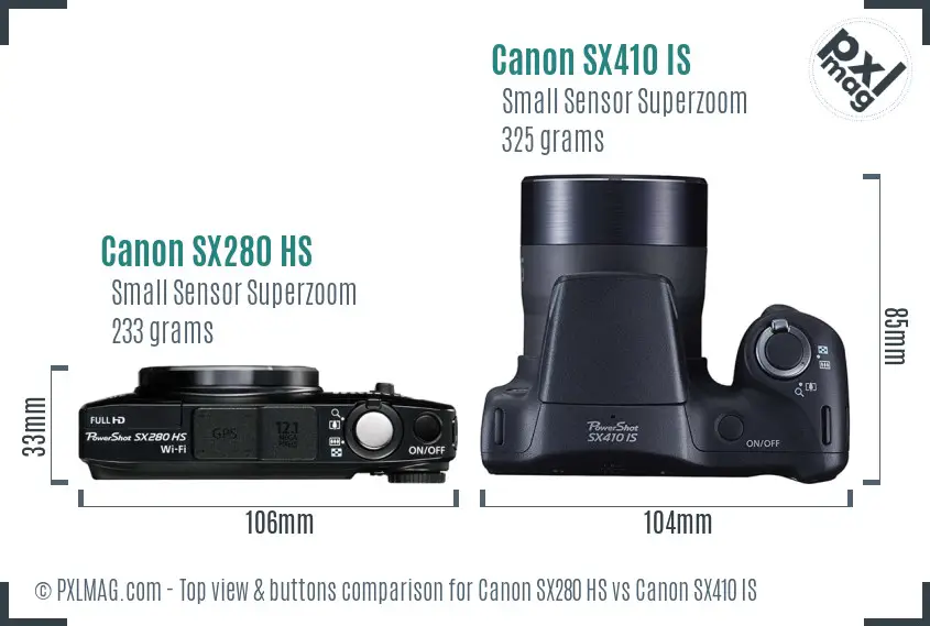 Canon SX280 HS vs Canon SX410 IS top view buttons comparison