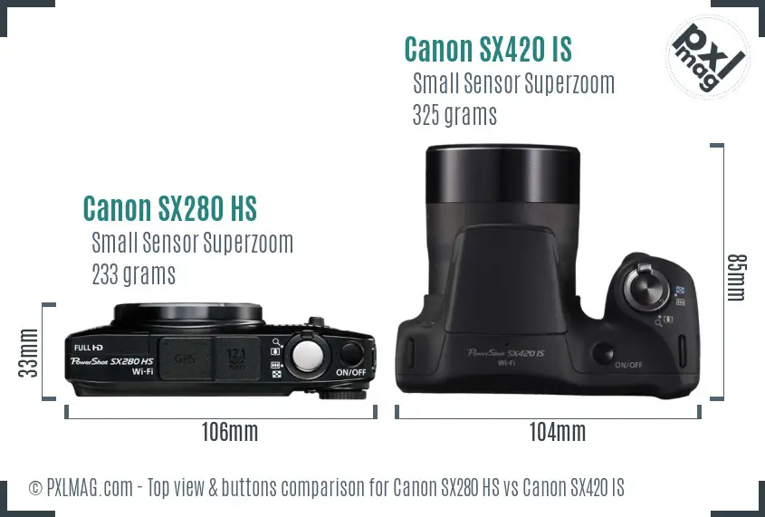 Canon SX280 HS vs Canon SX420 IS top view buttons comparison