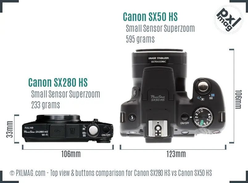 Canon SX280 HS vs Canon SX50 HS top view buttons comparison