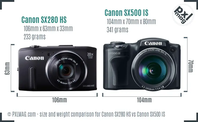 Canon SX280 HS vs Canon SX500 IS size comparison