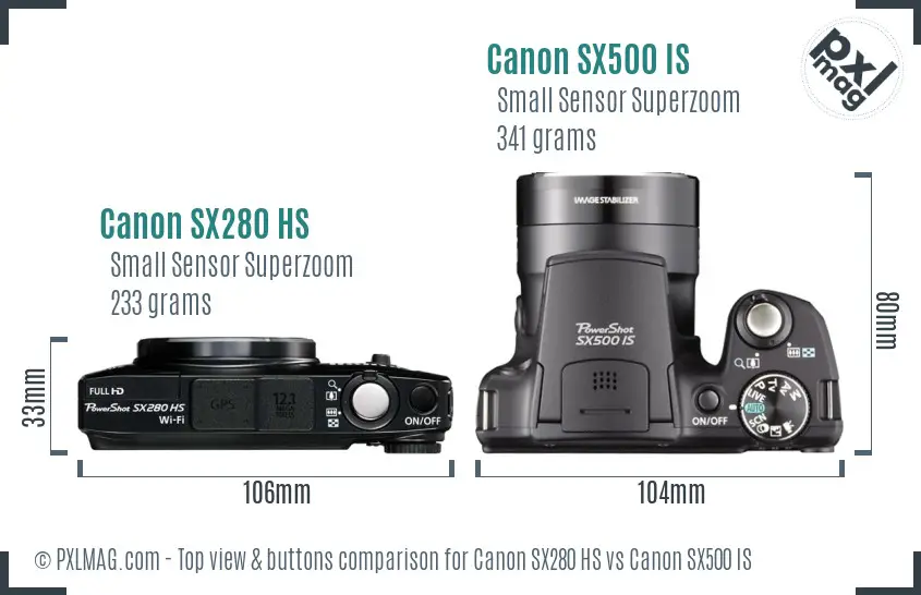 Canon SX280 HS vs Canon SX500 IS top view buttons comparison