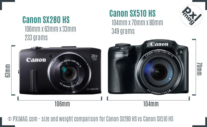 Canon SX280 HS vs Canon SX510 HS size comparison