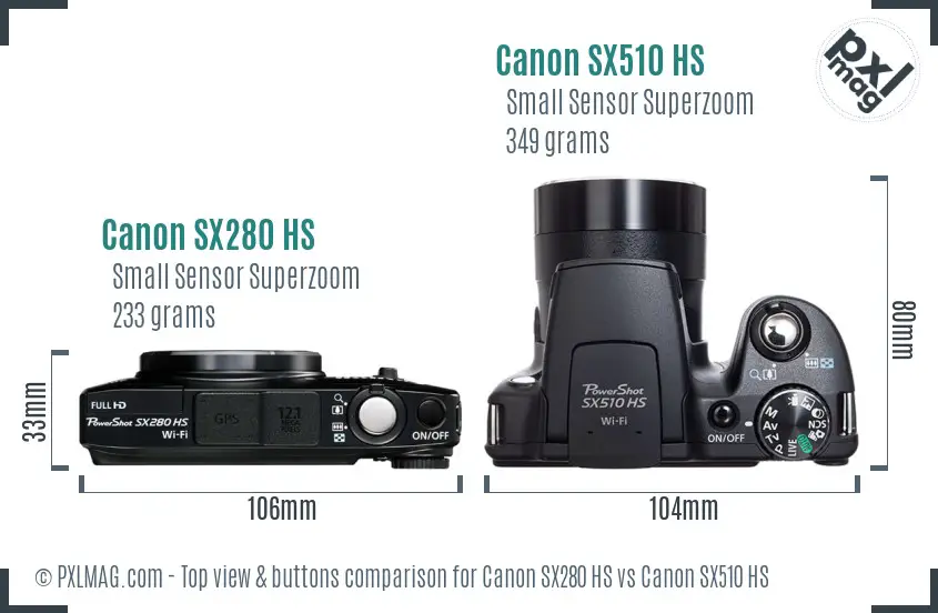 Canon SX280 HS vs Canon SX510 HS top view buttons comparison