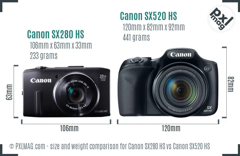 Canon SX280 HS vs Canon SX520 HS size comparison