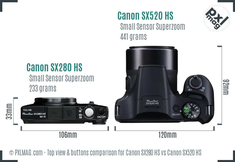 Canon SX280 HS vs Canon SX520 HS top view buttons comparison