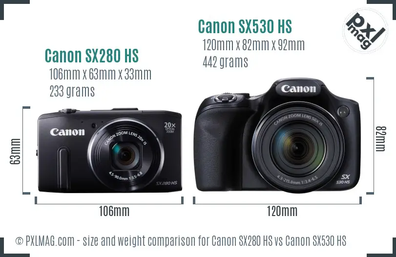 Canon SX280 HS vs Canon SX530 HS size comparison